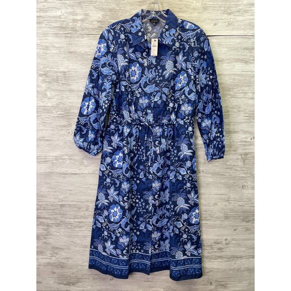 Talbots Dress 2 Womens Blue Floral A Line 3/4 Balloon Sleeve Drawstring Waist - Picture 1 of 15